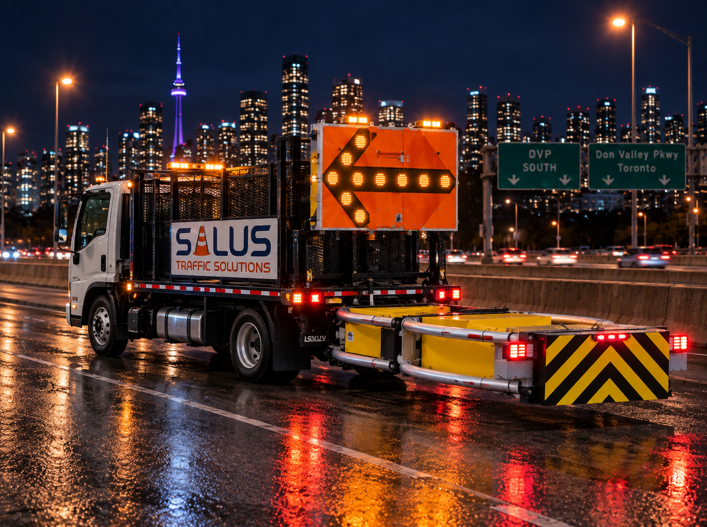 Salus Traffic crash trucks fitted with truck mounted attenuators for freeway traffic control in Ontario